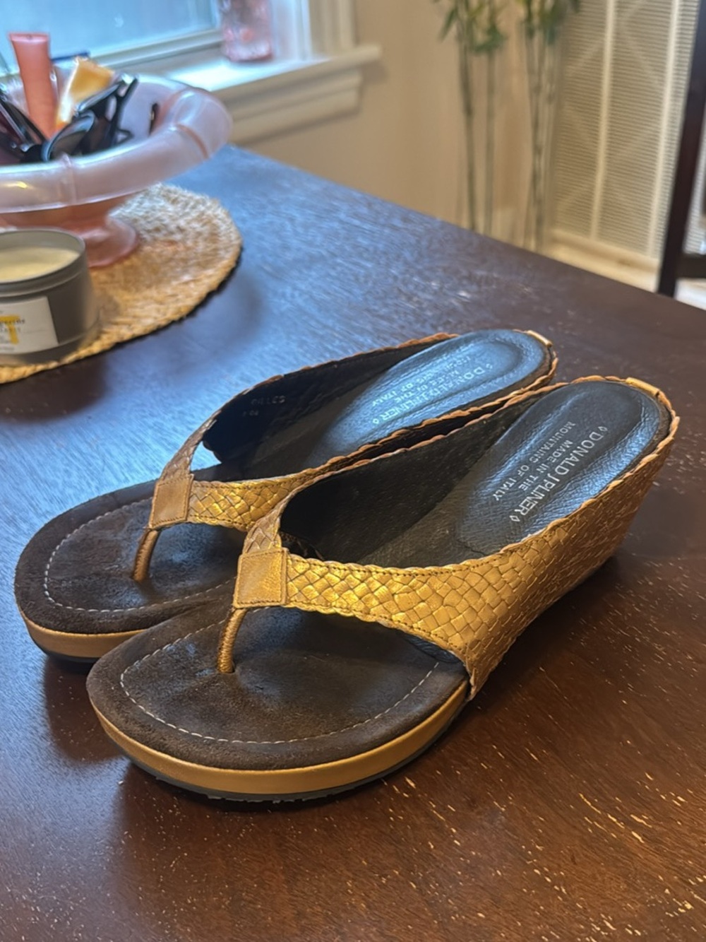 Donald J. Pliner Metallic Gold Woven Wedge Thong Sandals
